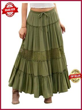 Boho Tiered Maxi Skirt with Pockets - Flowy Lace Renaissance Skirt